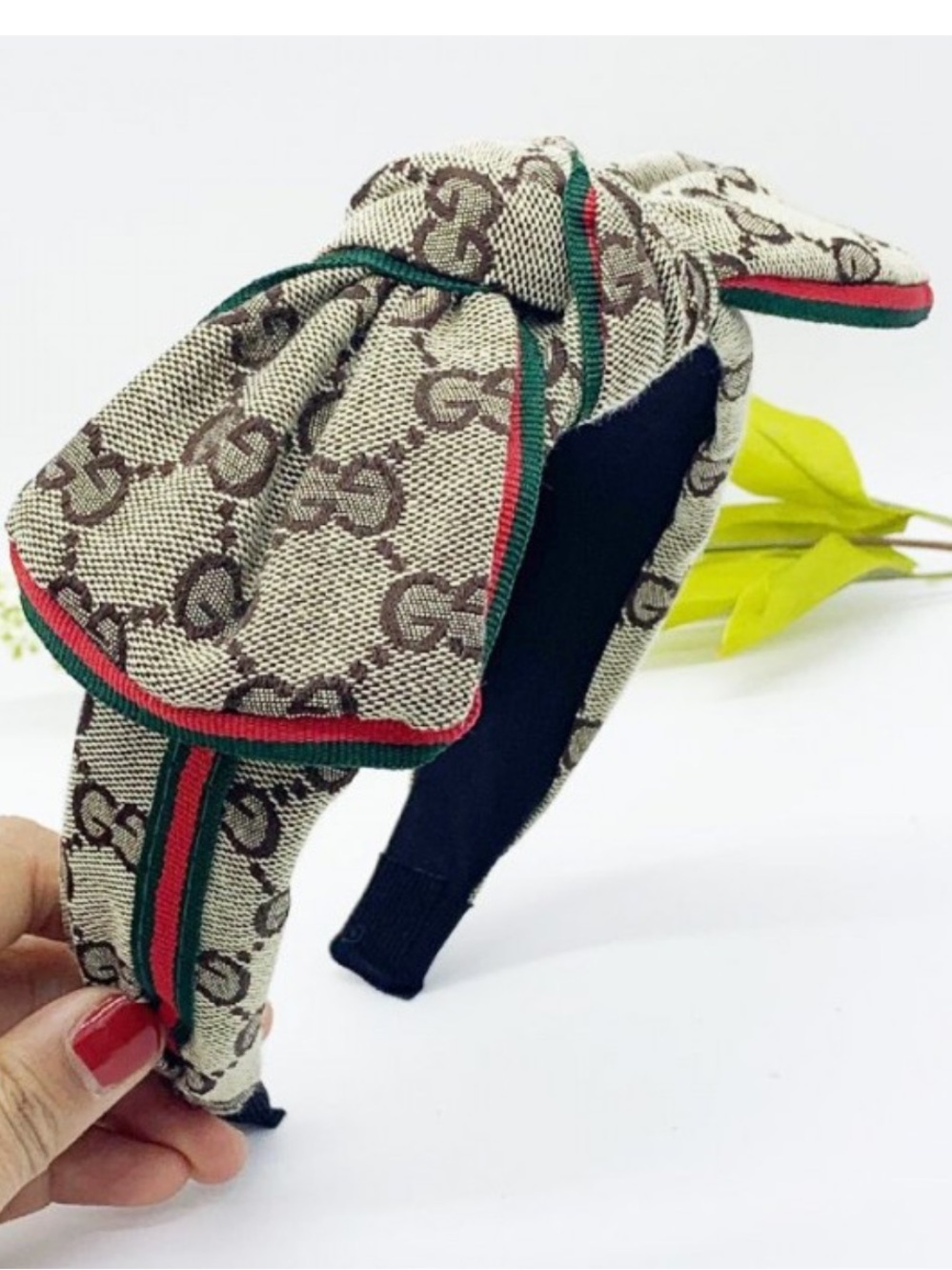 Brown Monogram Bow Headband with Green and Red Trim